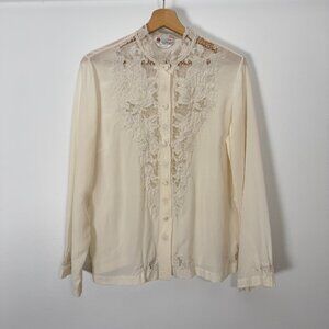 Vintage PEONY Embroidered Silk Blouse - Size 38